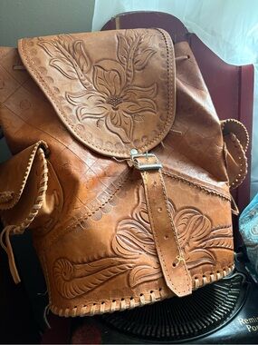 Vintage Handcrafted Tooled Leather Backpack - Brown